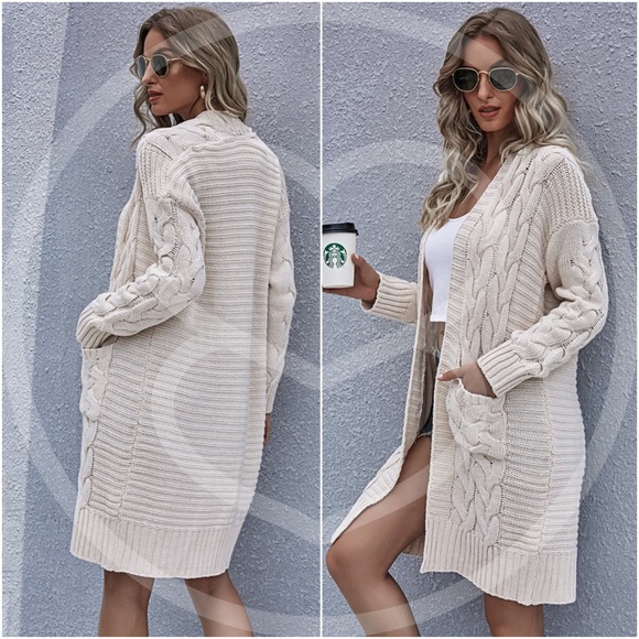 beige  chunky knit cable open long cardigan fall - Picture 6 of 6